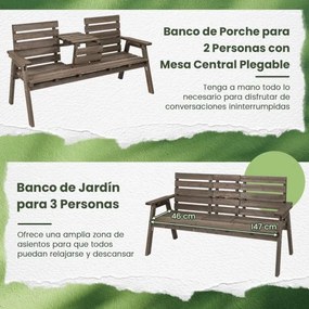 Banco de jardim madeira de abeto para 2-3 pessoas com mesa central rebatível Carga 320 kg 160 x 64 x 86 cm Café