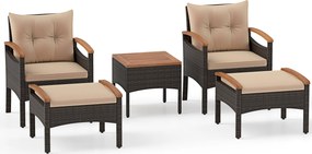 Conjunto jardim de 5 peças de vime para jardim, com 2 poltronas, 2 pufes, mesa auxiliar, almofadas e tampo em madeira de acácia Castanho misturado e a