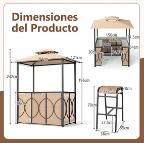 Conjunto de Pérgula para Churrasqueira ou bar 194 x 121 x 242 cm com 2 Bancos Estante Metálica de 2 Níveis com Teto Duplo Castanho