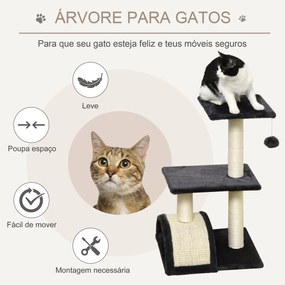 Arranhador para Gatos Médio de 3 Níveis  com Postes de Sisal Placa para Arranhar e Bola Suspensa 40x35x72 cm Cinzento Escuro