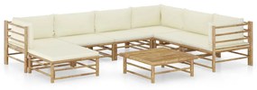 8 pcs conj. lounge p/ jardim em bambu c/ almofadões branco nata