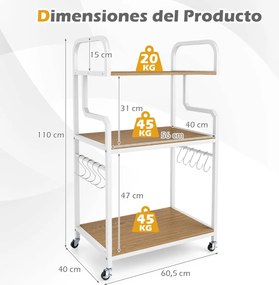 Suporte para impressora portátil 60 x 40 x 110 cm de 3 níveis com rodas, 10 ganchos em S, estrutura metálica Natural + Branco
