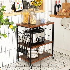 Carrinho de cozinha 60 x 40 x 73,5 cm com rodas bloqueáveis Ganchos removíveis Estante para micro-ondas Castanho