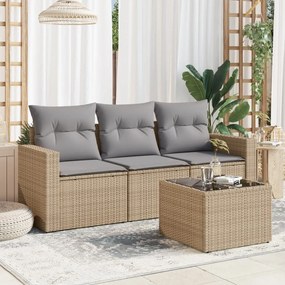 4 pcs conjunto de sofás para jardim c/ almofadões vime PE bege