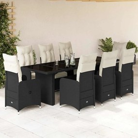 vidaXL 9 pcs conjunto de bistrô p/ jardim c/ almofadões vime PE preto