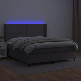 Cama box spring c/ colchão/LED 180x200cm couro artificial cinza