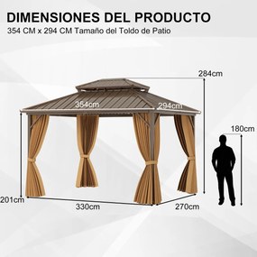 Pérgula jardim 354 x 294 cm com rede Mosquiteira Cortinas Telhado Metálico Duplo Galvanizado Estrutura de Alumínio Café