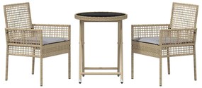 Conjunto de Bistro de Jardim com 3 Peças e Almofadas Bege em Rattan Si