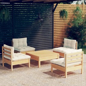 vidaXL 5 pcs conjunto lounge jardim c/ almofadões cor creme pinho