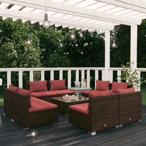 vidaXL 9 pcs conjunto lounge jardim c/ almofadões vime PE castanho