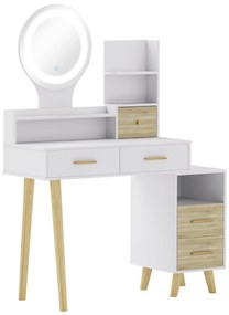 HOMCOM Toucador com Espelho e Luzes LED Ajustáveis 5 Gavetas 4 Compartimentos e 1 Prateleira 100x44x137 cm Branco e Madeira