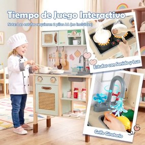 Cozinha de brincar em madeira 60 x 29 x 95 cm com luzes, sons, acessórios, forno, lava-loiça e cafeteira para crianças com mais de 3 anos, verde