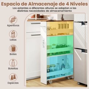 Carrinho cozinha estreito 47,5 x 13 x 80,5 cm com estação de carregamento de 4 níveis com rodas bloqueáveis Branco + Cor Nogueira
