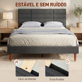 Cama Estofada 140x200 cm (COLCHÃO NÃO INCLUIDO) com Cabeceira Almofadada, Estrado de Ripas e Espaço Livre Inferior, Cinzento