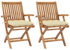 vidaXL Cadeiras de jardim c/ almofadões branco creme 2 pcs teca maciça