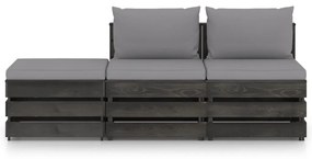 3 pcs conj. lounge jardim + almofadões madeira impreg. cinzento