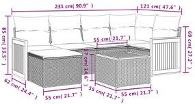 7 pcs conjunto de sofás p/ jardim com almofadões vime PE bege