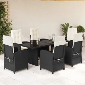 7 pcs conjunto de jantar p/ jardim c/ almofadões vime PE preto