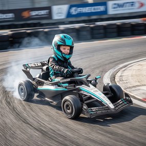 Kart elétrico para crianças de 12 V, Mercedes-AMG PETRONAS F1 com 2 motores, comando à distância, 3 velocidades, preto
