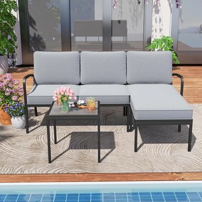 Conjunto de sofá de canto para jardim de 3 peças Sofá em forma de L com mesa de café Estrutura metálica e assento em malha acolchoada Cinza, Preto