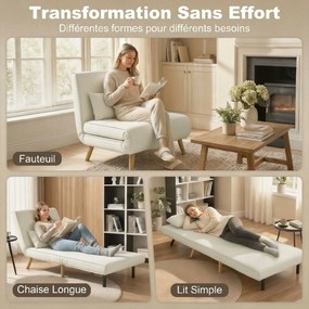 Poltrona conversível 3 em 1: poltrona-cama de 1 lugar, encosto com 5 posições, em tecido com almofada, creme