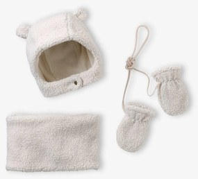 Conjunto de gorro, gola snood e luvas em sherpa, para bebé   cru