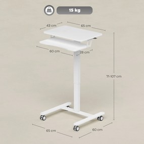 Secretária ajustável em altura para trabalhar sentado ou em pé 65 (L) x 60 (P) x 71-107 (A) cm, secretária móvel com tabuleiro para teclado, Rodas e e