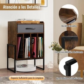 Móvel para gira-discos 45 x 32,5 x 68,5 cm com gaveta em tecido e prateleiras abertas em metal para discos de vinil; ideal para sala de estar, quarto
