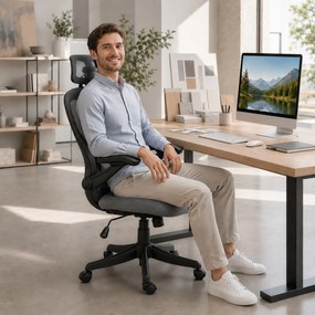 Cadeira de escritório ergonómica com braços 3D e apoio para a cabeça ajustável, cadeira de escritório em malha, cinzenta