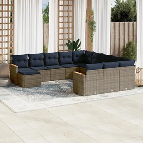 vidaXL 12 pcs conjunto sofás p/ jardim c/ almofadões vime PE cinzento