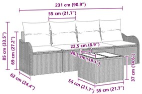 Conjunto de sofá de jardim de 5 peças com almofadas marrons em rattan