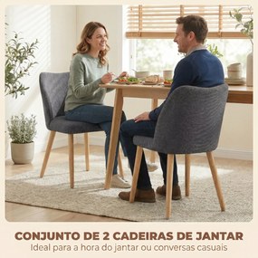 Conjunto de 2 Cadeiras de Cozinha Nórdicas Estofadas em Linho Encosto Curvo Assento Acolchoado Pernas de Madeira Cinzento Claro