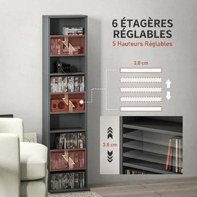 Organizador para CD e DVD com 9 compartimentos e 6 prateleiras ajustáveis; capacidade máxima de 260 CD/120 DVD; 33 x 24 x 140 cm; cinzento