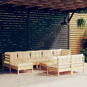 vidaXL 10 pcs conjunto lounge de jardim c/ almofadões cor creme pinho