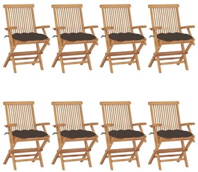 Cadeiras de jardim c/ almofadões cinza-acast. 8 pcs teca maciça