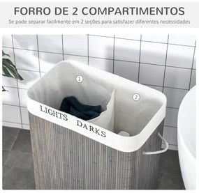 Cesto para Roupa Suja de Bambú Capacidade de 100L com Tampa Removível Bolsa com 2 Compartimentos 52x32x63 cm Cinza