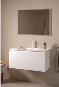 Conjunto De Móvel De Casa De Banho Suspenso Em Madeira Com Lavatório Integrado Macrae Branco & Led Retangular E Anti-embaciamento 100x70 Cm - Sklum