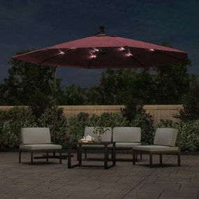 Guarda-sol de jardim cantilever com luzes LED 350 cm bordô