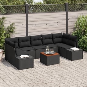 Conjunto de Sofá de Jardim com Almofadas Preto Polirattan Acácia