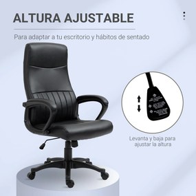 Vinsetto Cadeira de Escritório Ergonômica Cadeira de Escritório Basculante e Giratória 360° com Altura Ajustável Encosto Alto e Apoio para os Braços Pele Sintética 61,5x66x113-123cm Preto