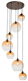 Candeeiro de suspensão Art Déco bronze escuro com vidro âmbar 7 luzes - Sandra