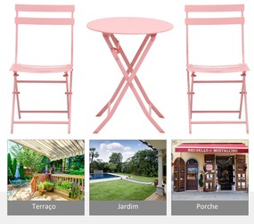 Conjunto de Móveis de Jardim Dobráveis Conjunto de 1 Mesa Redonda e 2 Cadeiras de Varanda com Estrutura de Aço Rosa