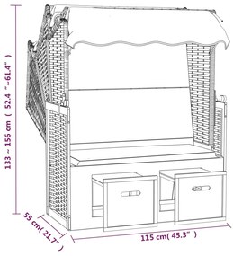 Strandkorb com toldo vime PE e madeira maciça cinzento