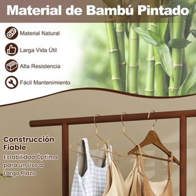 Guarda Roupa de bambu 100 x 32,5 x 172 cm Suporte para pendurar casacos com cesto de rattan para arrumação e rodas e Barra natural