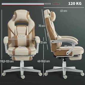 Cadeira Gamer Reclinável com Altura Ajustável Apoio para Pés Retrátil Suporte Lombar e Almofada de Cabeça Removível Creme