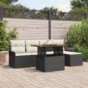vidaXL Conjunto de Jantar de 6 peças com Almofadas Preto Polirattan Acácia