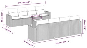 9 pcs conjunto sofás p/ jardim com almofadões vime PE cinzento
