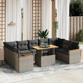 10 pcs conjunto sofás de jardim c/ almofadões vime PE cinzento