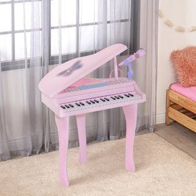 Piano de Cauda Electrónico para Crianças, 48 x 39 x 69 cm, 37 Teclas Multifunções, Cor-de-Rosa