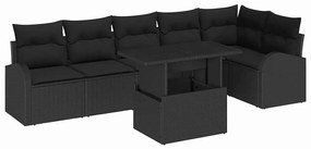 Conjunto de Sofás de Jardim de 7 Peças com Almofadas em Vime Preto